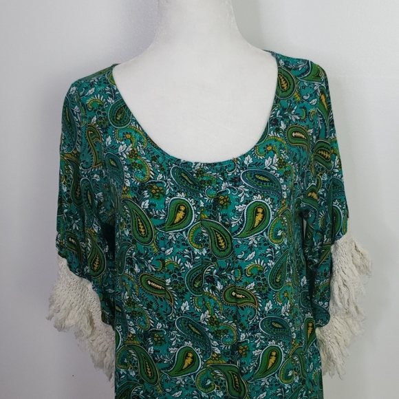 Umgee Green Paisley Tunic Fringe Dress, Size S - Picture 5 of 8